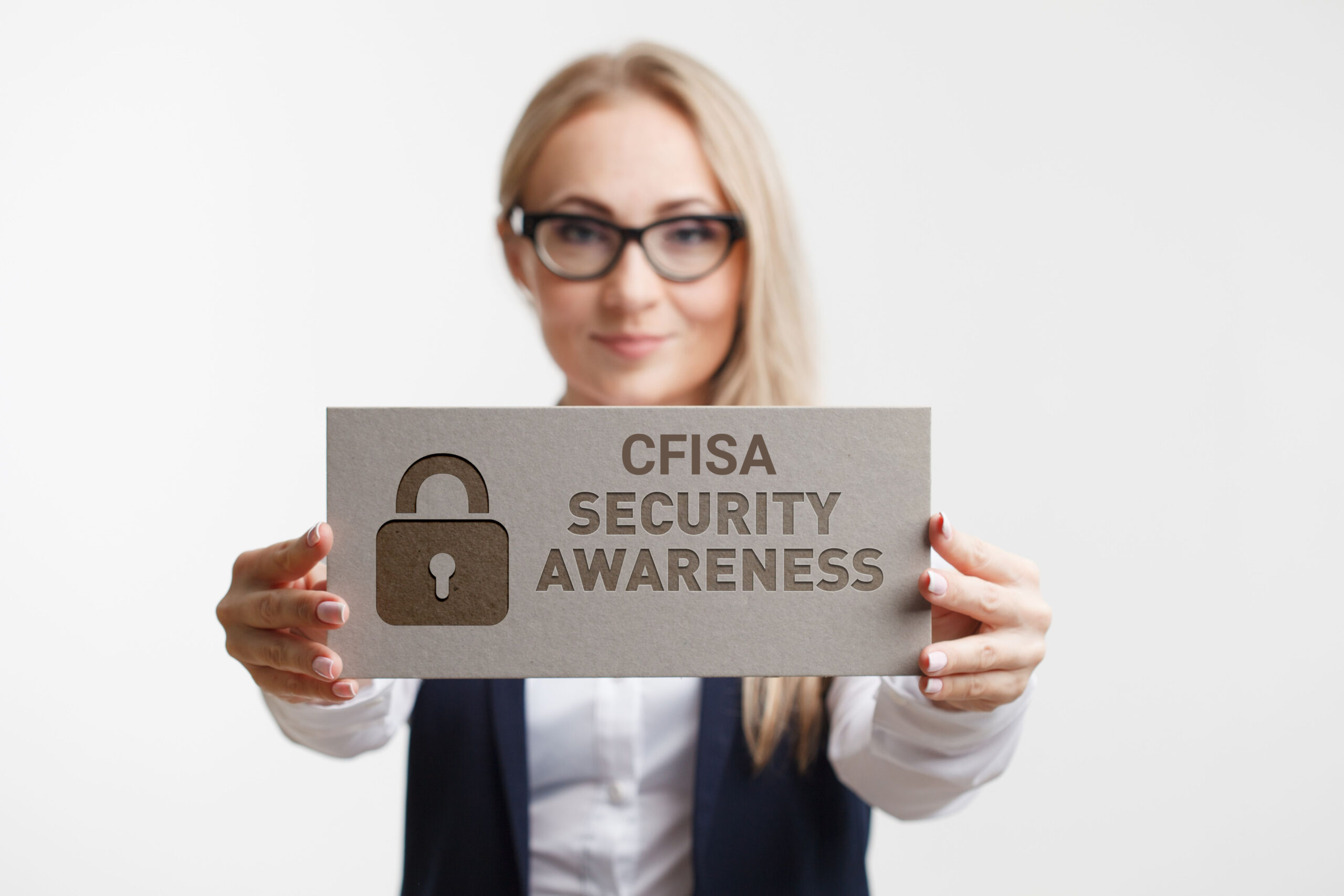 Woman holding CFISA Security Awareness Sign