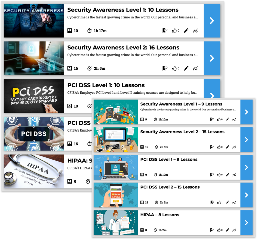 Image showing security awareness courses and first generation courses lists, including PCI compliance training